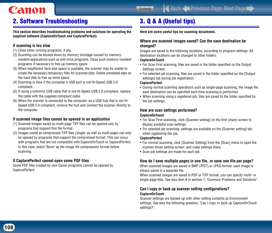 Software troubleshooting, Q & a (useful tips), Software troubleshooting 3. q & a (useful tips) | Back previous page next page | Canon DR-2510M User Manual | Page 108 / 118