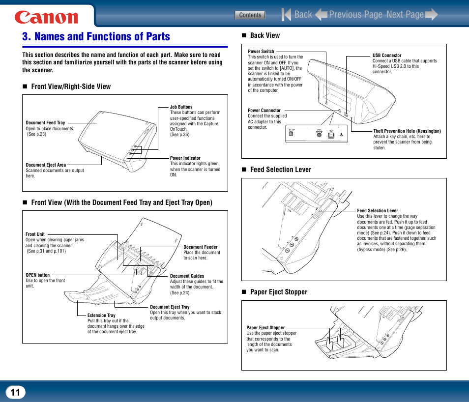 Names and functions of parts, Back previous page next page | Canon DR-2510M User Manual | Page 11 / 118