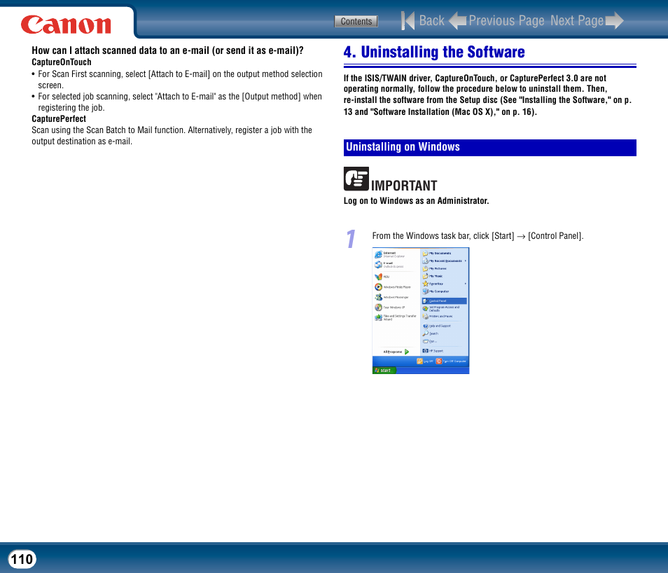 Uninstalling the software, Uninstalling on windows | Canon DR-2510M User Manual | Page 110 / 118