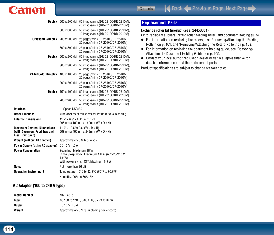 Replacement parts, Back previous page next page | Canon DR-2510M User Manual | Page 114 / 118