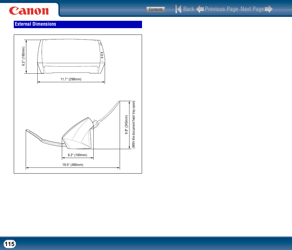 External dimensions, Back previous page next page | Canon DR-2510M User Manual | Page 115 / 118