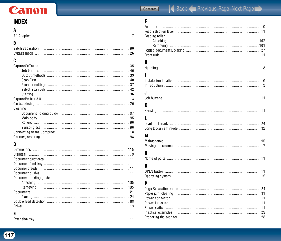 Index, Back previous page next page, 117 index | Canon DR-2510M User Manual | Page 117 / 118