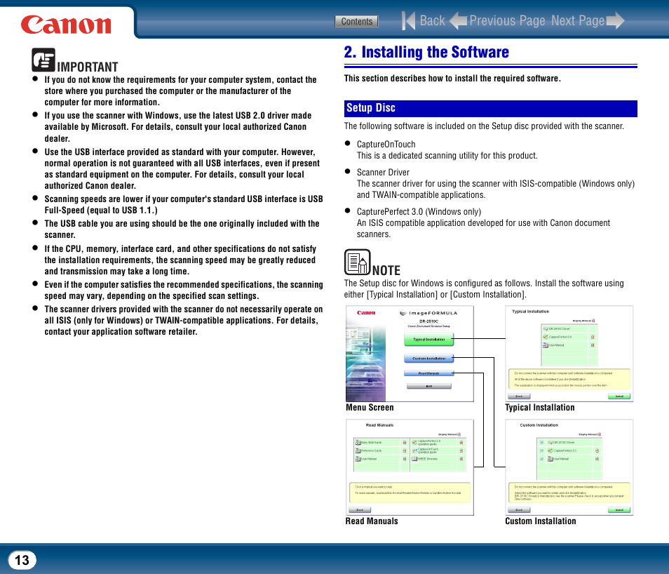 Installing the software, Setup disc | Canon DR-2510M User Manual | Page 13 / 118