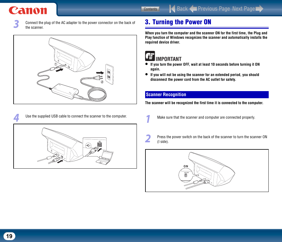 Turning the power on, Scanner recognition | Canon DR-2510M User Manual | Page 19 / 118