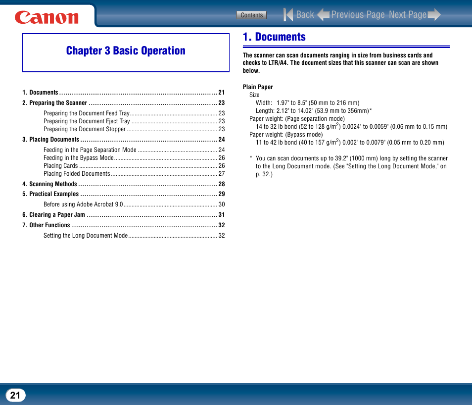 Chapter 3 basic operation, Documents, Back previous page next page | Canon DR-2510M User Manual | Page 21 / 118