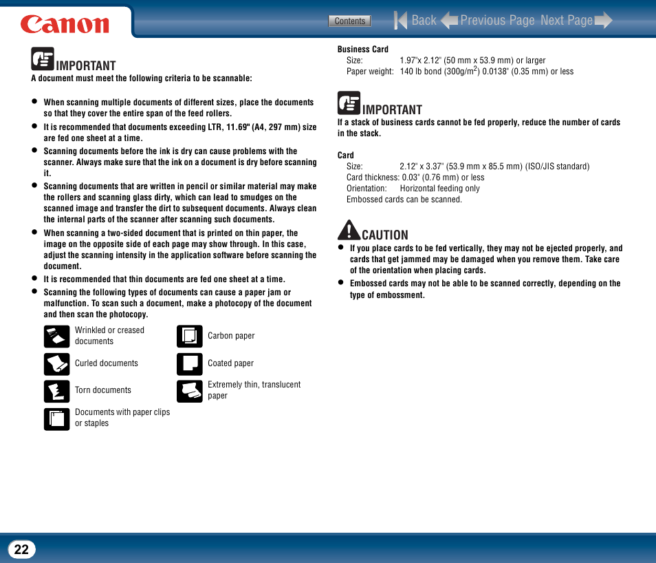 Back previous page next page, Important, Caution | Canon DR-2510M User Manual | Page 22 / 118