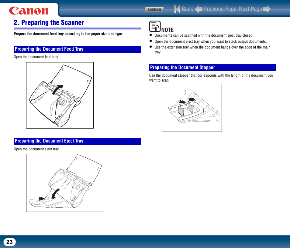 Preparing the scanner, Preparing the document feed tray, Preparing the document eject tray | Preparing the document stopper, See p.23) | Canon DR-2510M User Manual | Page 23 / 118