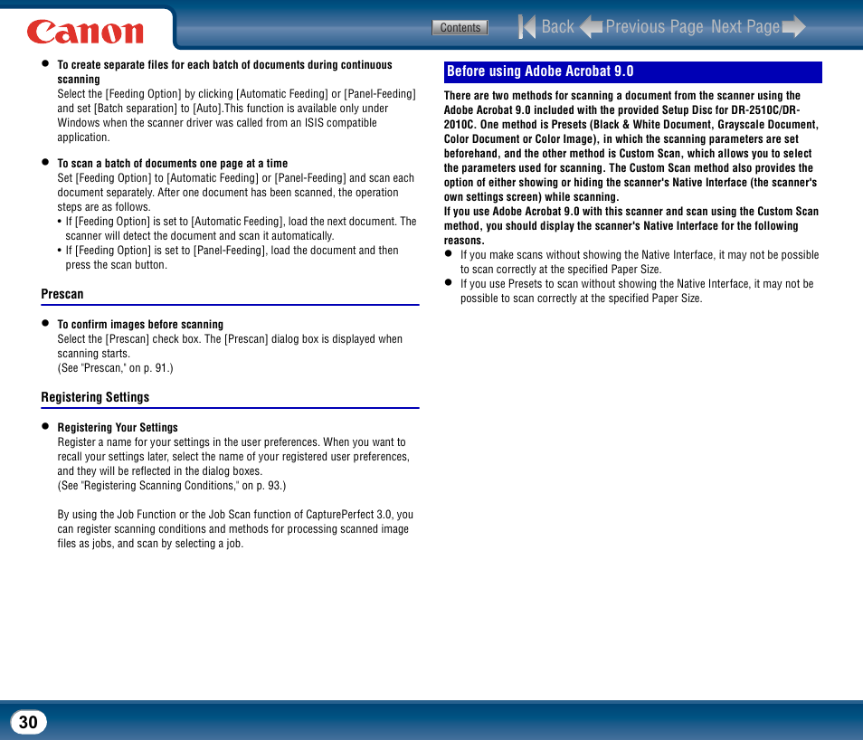 Before using adobe acrobat 9.0, Back previous page next page | Canon DR-2510M User Manual | Page 30 / 118