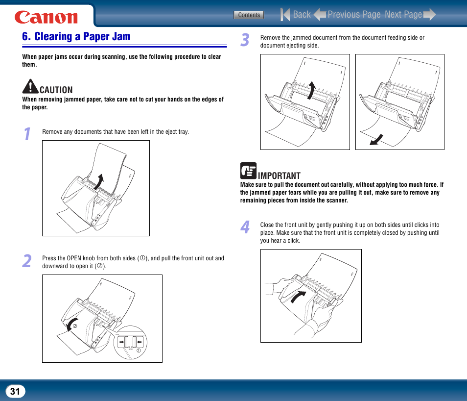 Clearing a paper jam, See p.31 and | Canon DR-2510M User Manual | Page 31 / 118