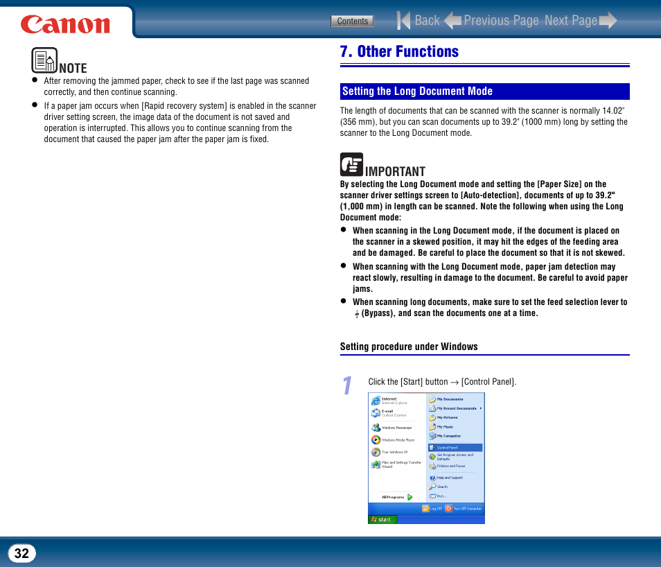 Other functions, Setting the long document mode, See "setting the long document mode," on p. 32 | Canon DR-2510M User Manual | Page 32 / 118