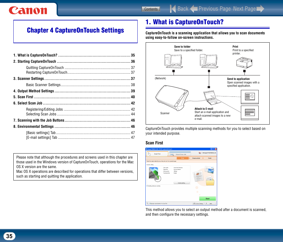 Chapter 4 captureontouch settings, What is captureontouch, Back previous page next page | Canon DR-2510M User Manual | Page 35 / 118