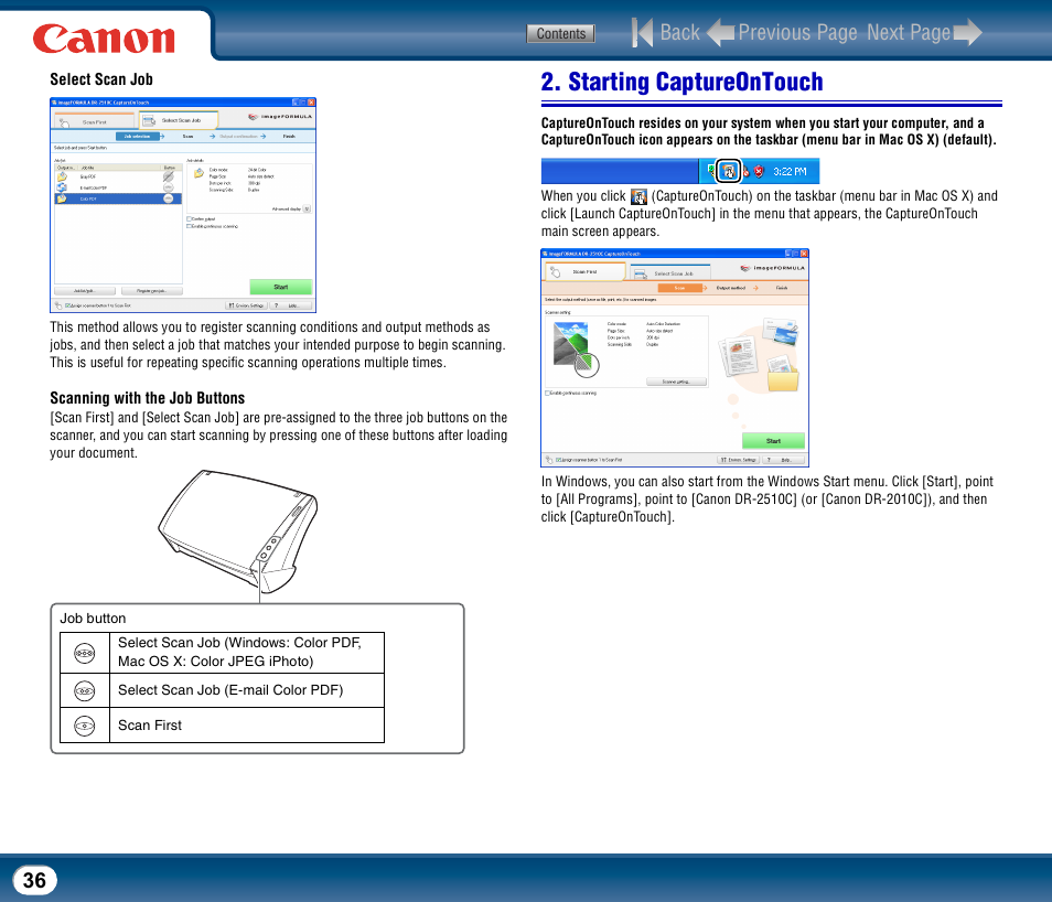 Starting captureontouch, See p.36), Back previous page next page | Canon DR-2510M User Manual | Page 36 / 118