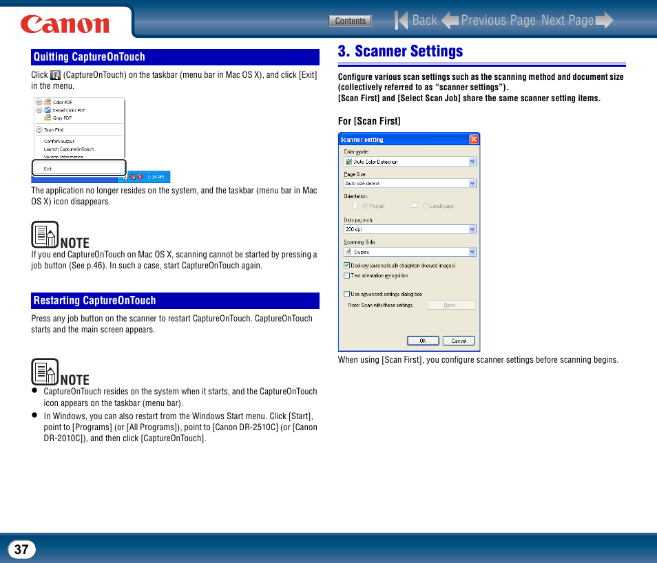 Quitting captureontouch, Restarting captureontouch, Scanner settings | Quitting captureontouch restarting captureontouch, Back previous page next page | Canon DR-2510M User Manual | Page 37 / 118