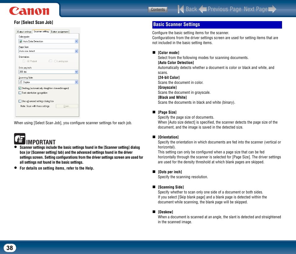 Basic scanner settings, Back previous page next page, Important | Canon DR-2510M User Manual | Page 38 / 118