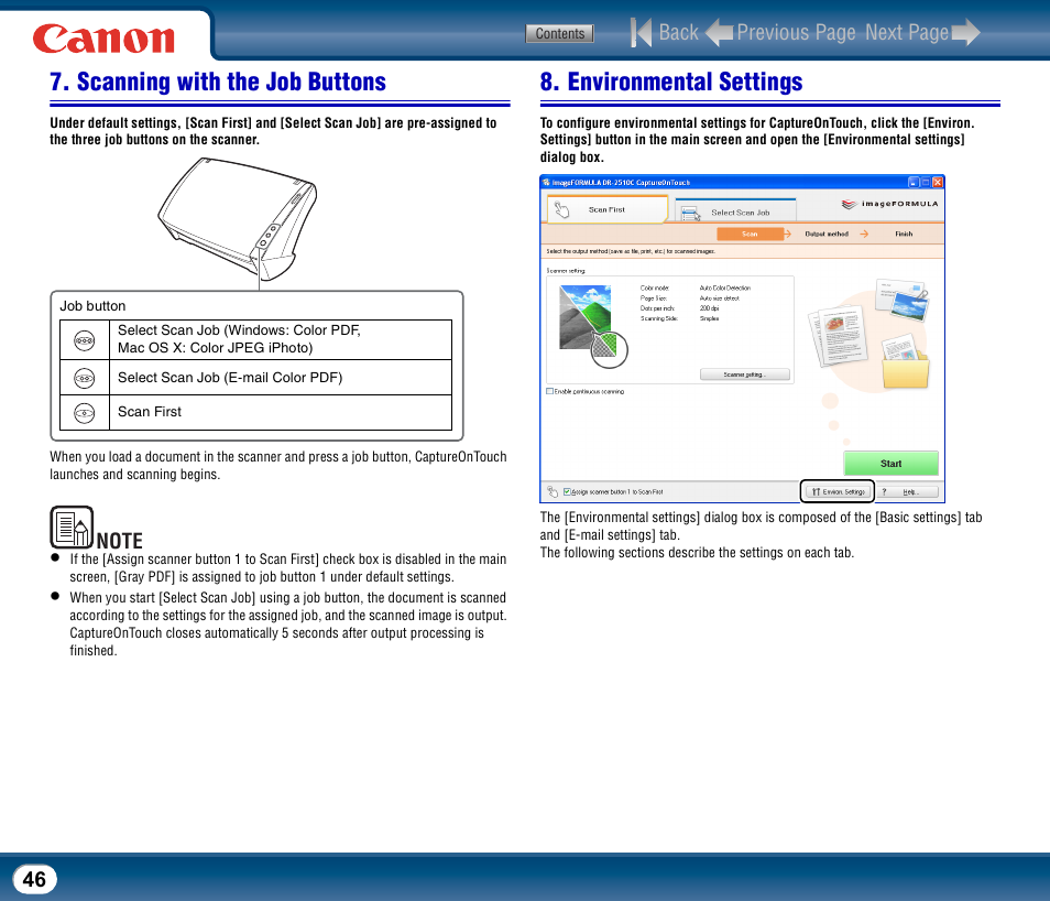 Scanning with the job buttons, Environmental settings, On (see p.46) | Back previous page next page | Canon DR-2510M User Manual | Page 46 / 118
