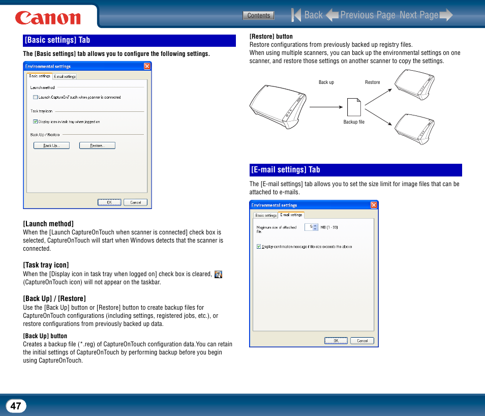 Basic settings] tab, E-mail settings] tab, Basic settings] tab [e-mail settings] tab | Back previous page next page | Canon DR-2510M User Manual | Page 47 / 118