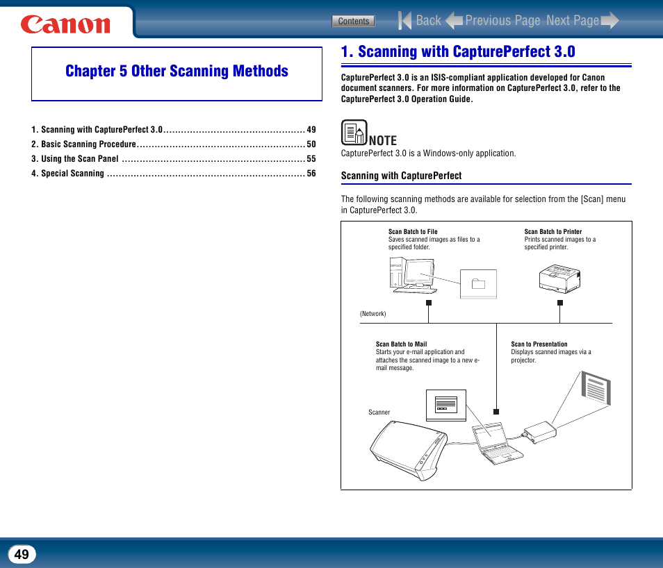 Chapter 5 other scanning methods, Scanning with captureperfect 3.0, Back previous page next page | Canon DR-2510M User Manual | Page 49 / 118