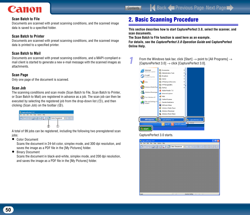 Basic scanning procedure, Back previous page next page | Canon DR-2510M User Manual | Page 50 / 118