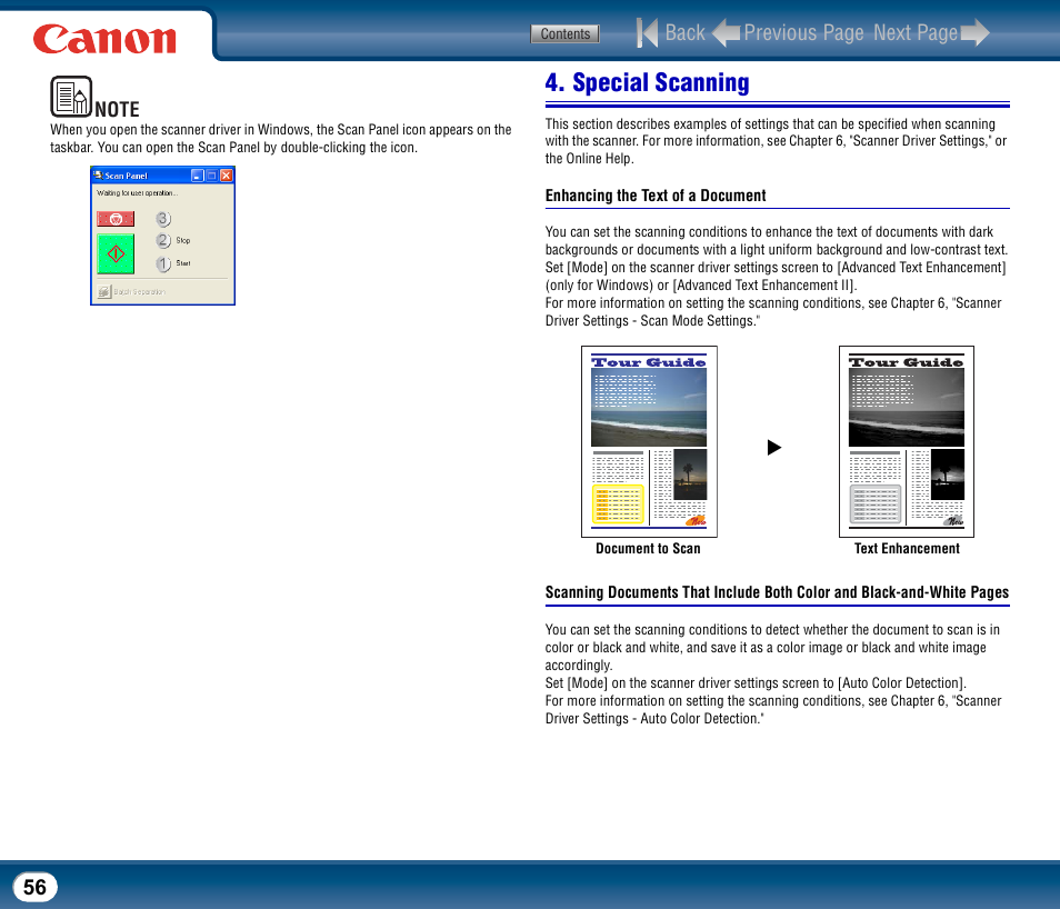 Special scanning, Enhancing the text of a document, Back previous page next page | Canon DR-2510M User Manual | Page 56 / 118