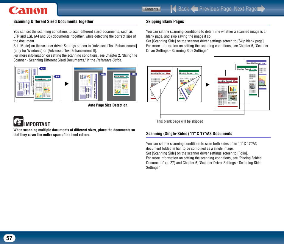 Scanning different sized documents together, Scanning (single-sided) 11" x 17"/a3 documents, Back previous page next page | Important | Canon DR-2510M User Manual | Page 57 / 118