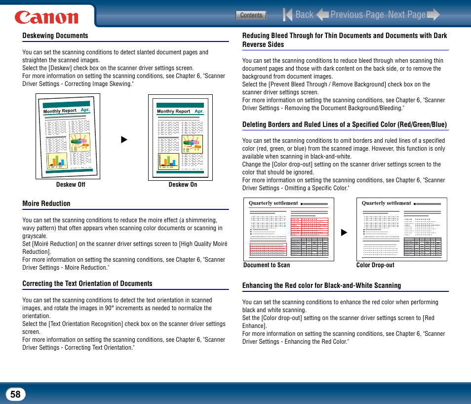Deskewing documents, Moire reduction, Correcting the text orientation of documents | Back previous page next page | Canon DR-2510M User Manual | Page 58 / 118
