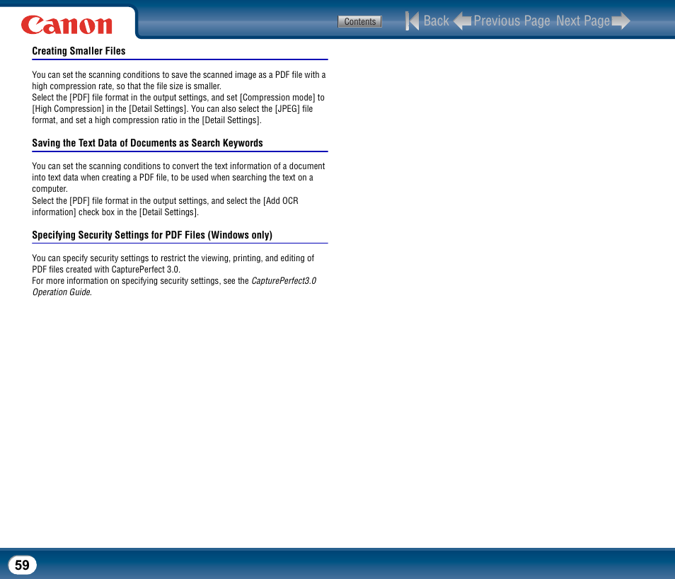 Creating smaller files, Back previous page next page | Canon DR-2510M User Manual | Page 59 / 118