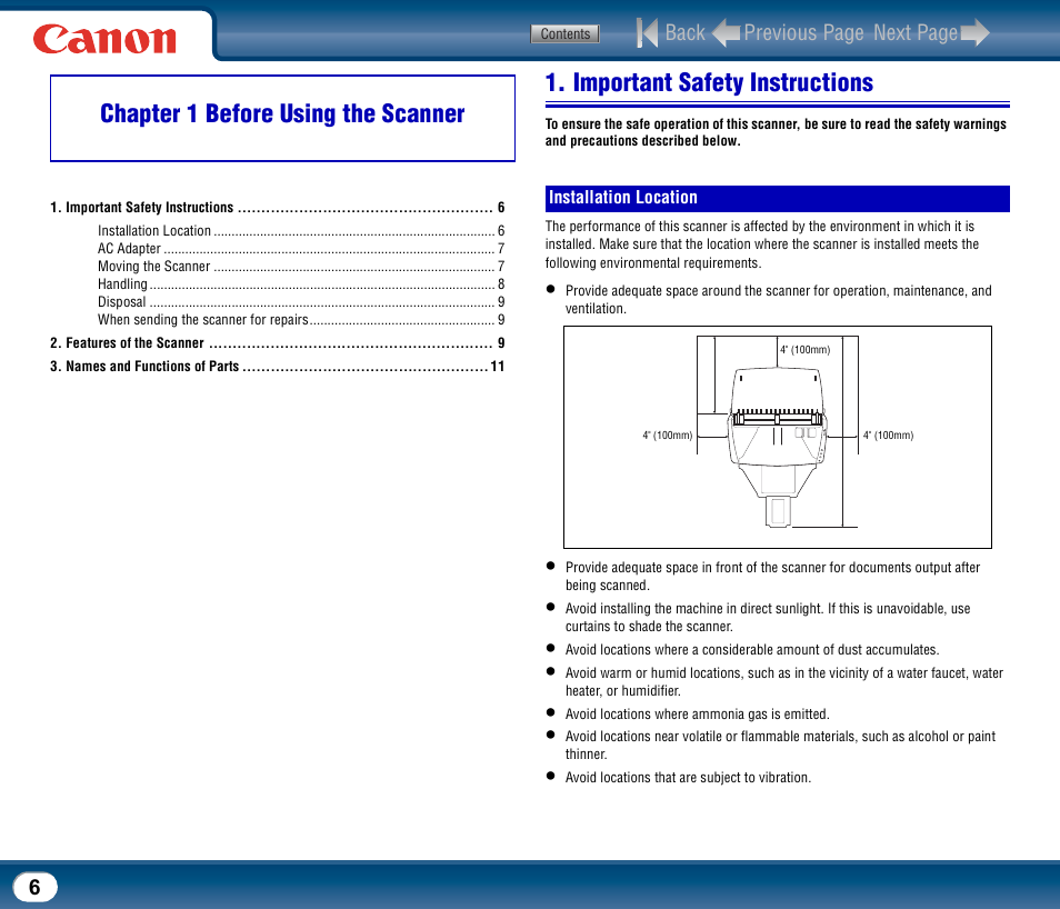 Chapter 1 before using the scanner, Important safety instructions, Installation location | Back previous page next page | Canon DR-2510M User Manual | Page 6 / 118