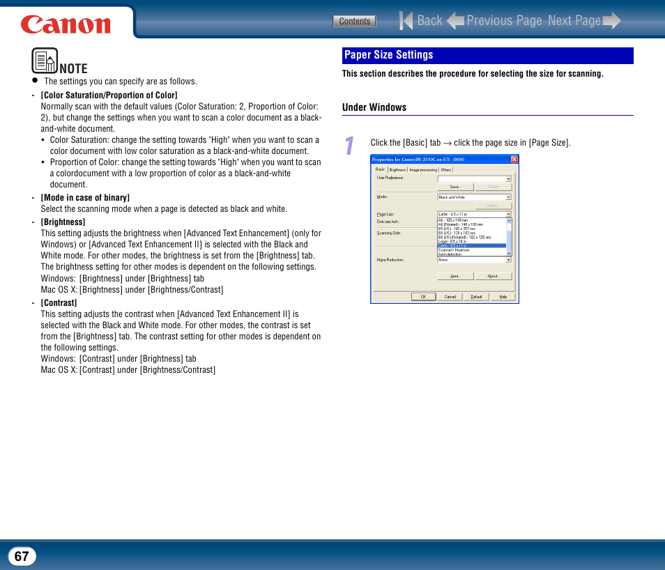 Paper size settings, Back previous page next page | Canon DR-2510M User Manual | Page 67 / 118
