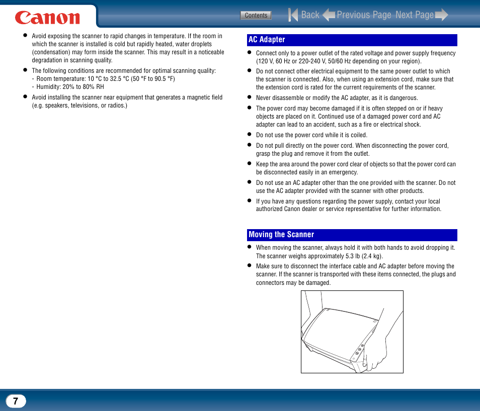 Ac adapter, Moving the scanner, Ac adapter moving the scanner | Canon DR-2510M User Manual | Page 7 / 118