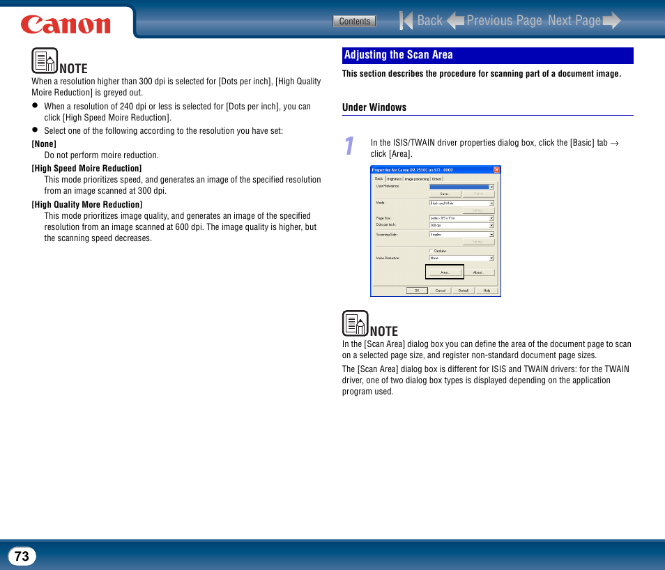 Adjusting the scan area, See "adjusting the scan area," on p. 73, Back previous page next page | Canon DR-2510M User Manual | Page 73 / 118