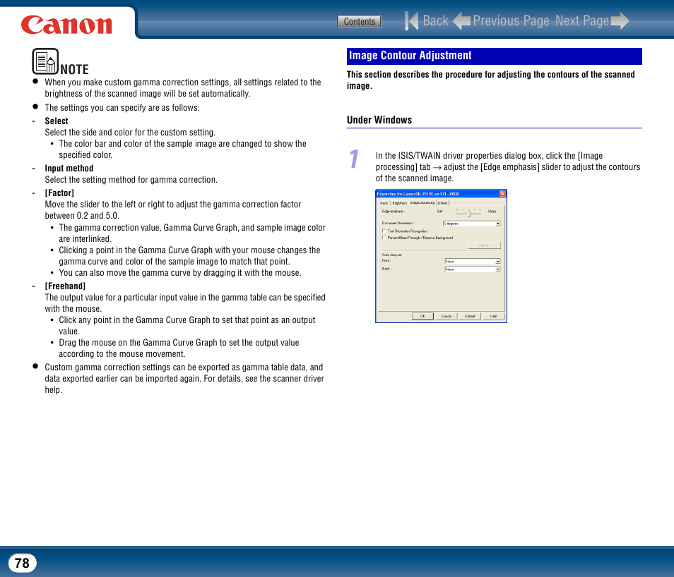 Image contour adjustment, Back previous page next page | Canon DR-2510M User Manual | Page 78 / 118