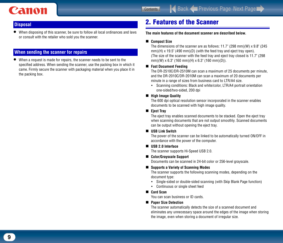 Disposal, When sending the scanner for repairs, Features of the scanner | Disposal when sending the scanner for repairs, Back previous page next page | Canon DR-2510M User Manual | Page 9 / 118