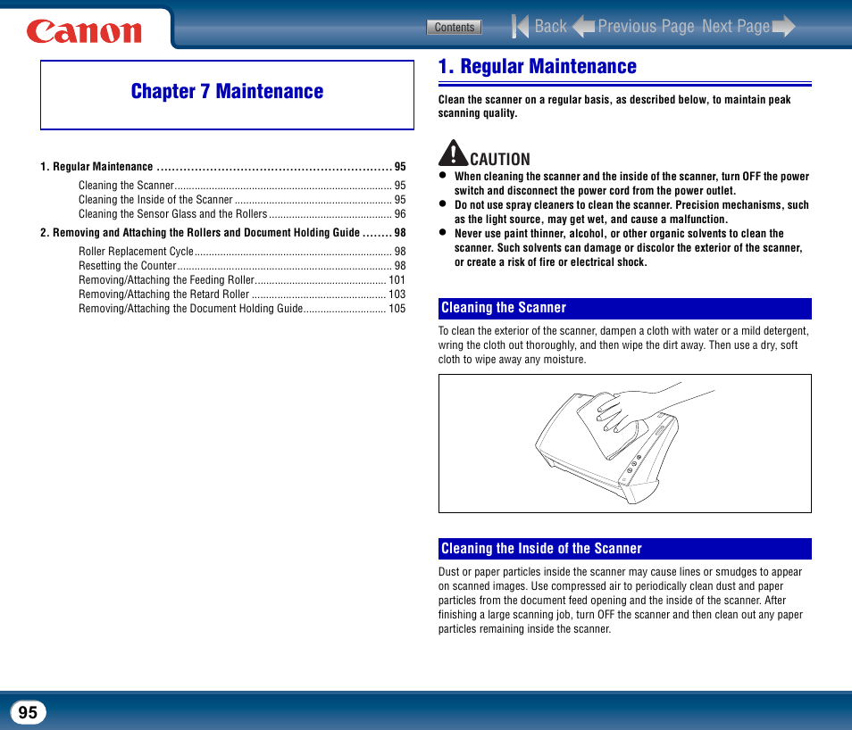 Chapter 7 maintenance, Regular maintenance, Cleaning the scanner | Cleaning the inside of the scanner, Back previous page next page | Canon DR-2510M User Manual | Page 95 / 118
