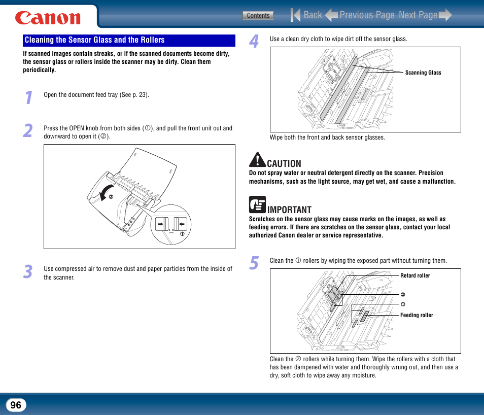 Cleaning the sensor glass and the rollers | Canon DR-2510M User Manual | Page 96 / 118