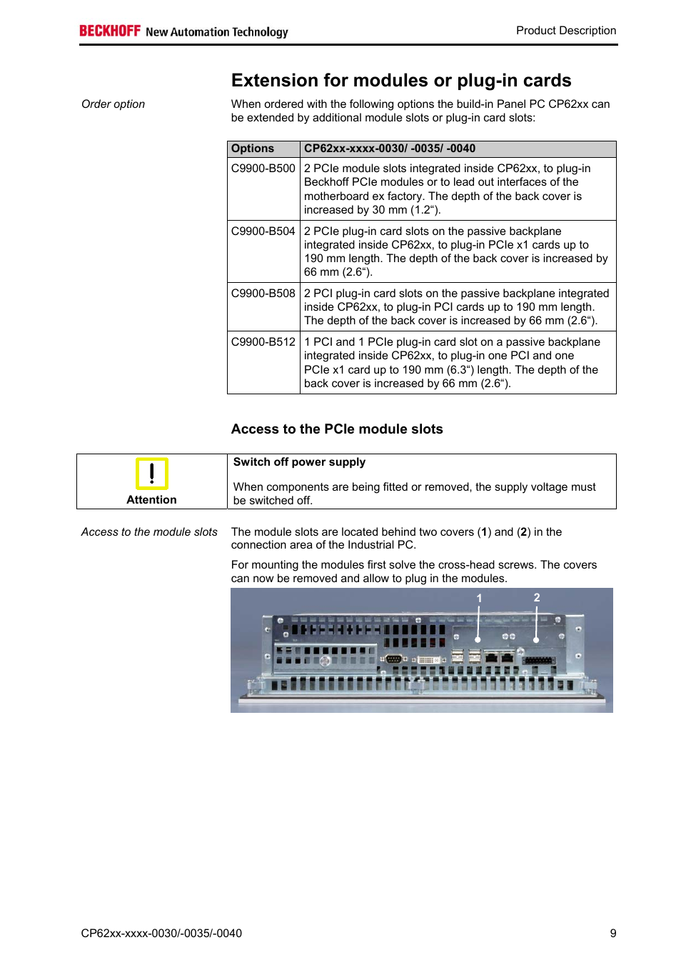 Extension for modules or plug-in cards, Access to the pcie module slots | BECKHOFF CP62xx-xxxx-0030 User Manual | Page 10 / 31