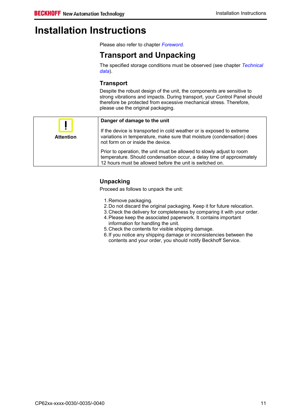 Installation instructions, Transport and unpacking, Transport | Unpacking, Unpacking 11 | BECKHOFF CP62xx-xxxx-0030 User Manual | Page 12 / 31