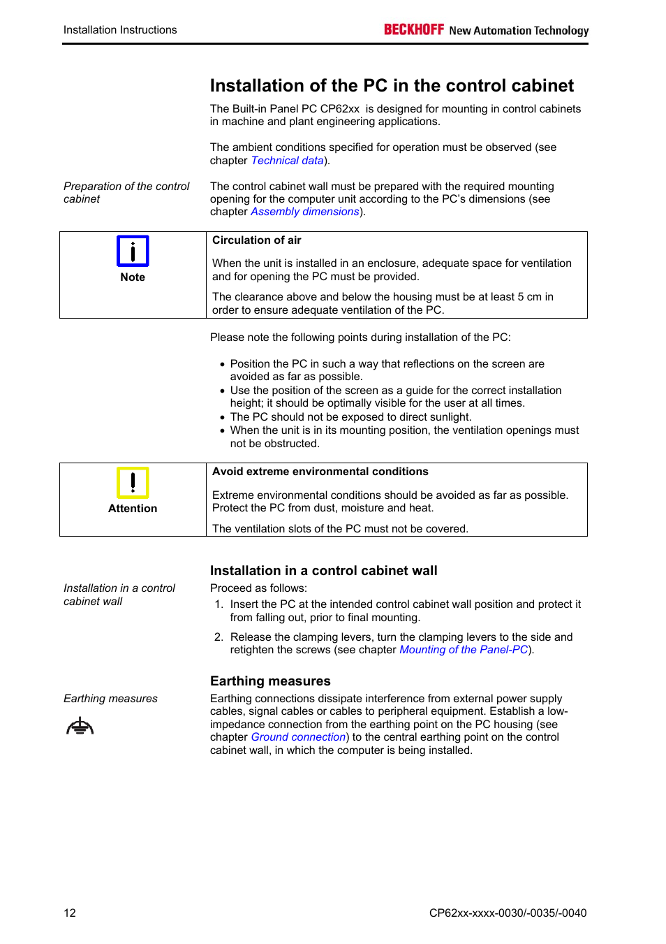 Installation of the pc in the control cabinet, Installation in a control cabinet wall, Earthing measures | BECKHOFF CP62xx-xxxx-0030 User Manual | Page 13 / 31