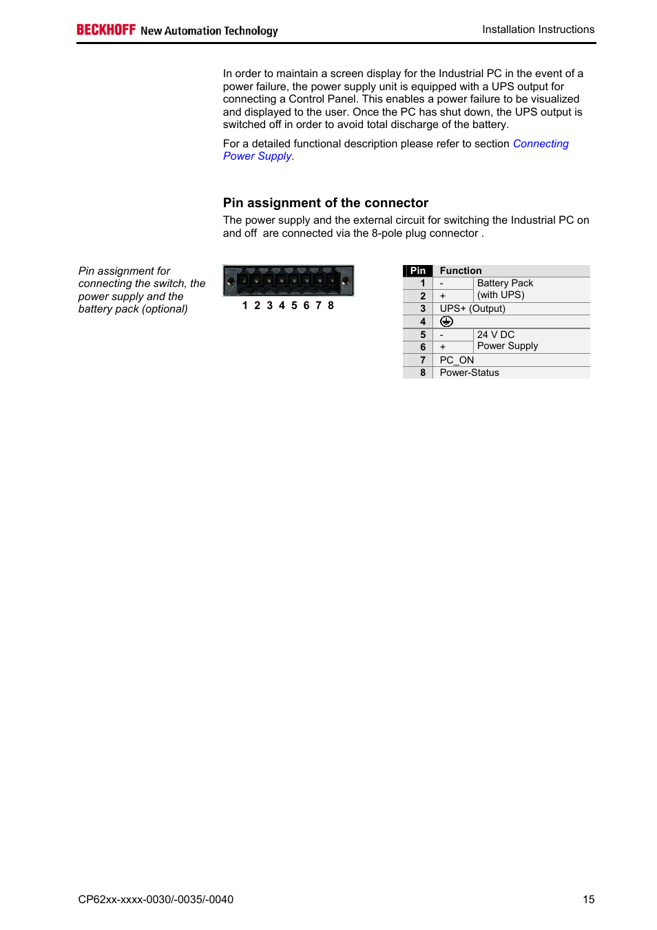 Pin assignment of the connector | BECKHOFF CP62xx-xxxx-0030 User Manual | Page 16 / 31