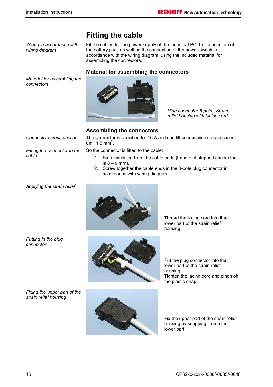 Fitting the cable, Material for assembling the connectors, Assembling the connectors | BECKHOFF CP62xx-xxxx-0030 User Manual | Page 17 / 31