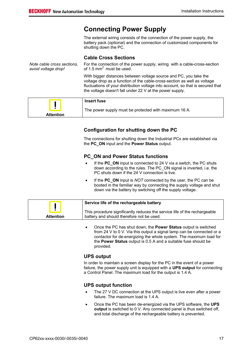 Connecting power supply, Cable cross sections, Configuration for shutting down the pc | Pc_on and power status functions, Ups output, Ups output function | BECKHOFF CP62xx-xxxx-0030 User Manual | Page 18 / 31