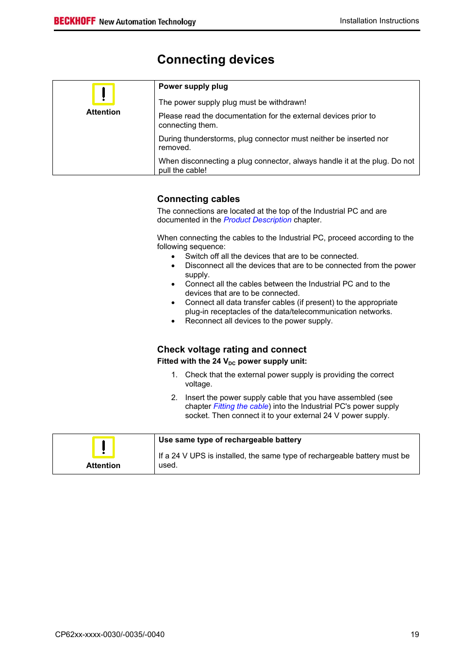 Connecting devices, Connecting cables, Check voltage rating and connect | BECKHOFF CP62xx-xxxx-0030 User Manual | Page 20 / 31