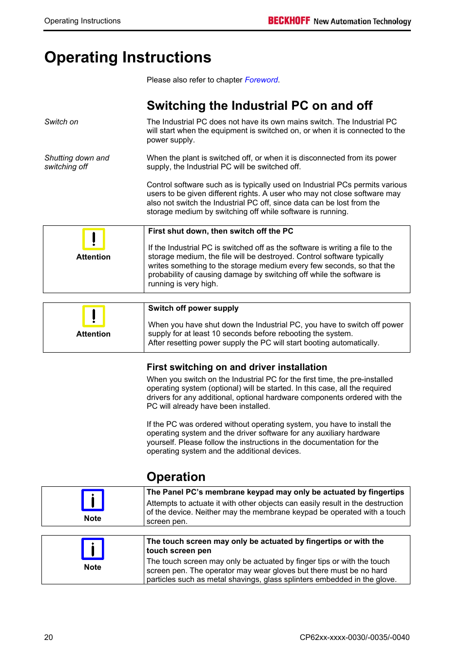 Operating instructions, Switching the industrial pc on and off, First switching on and driver installation | Operation, Operation 20 | BECKHOFF CP62xx-xxxx-0030 User Manual | Page 21 / 31