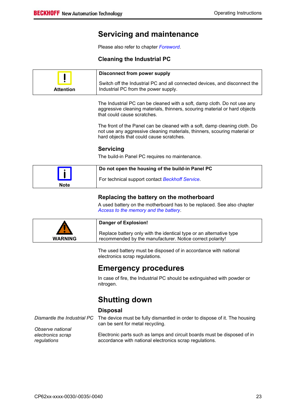 Servicing and maintenance, Cleaning the industrial pc, Servicing | Replacing the battery on the motherboard, Emergency procedures, Shutting down, Disposal | BECKHOFF CP62xx-xxxx-0030 User Manual | Page 24 / 31