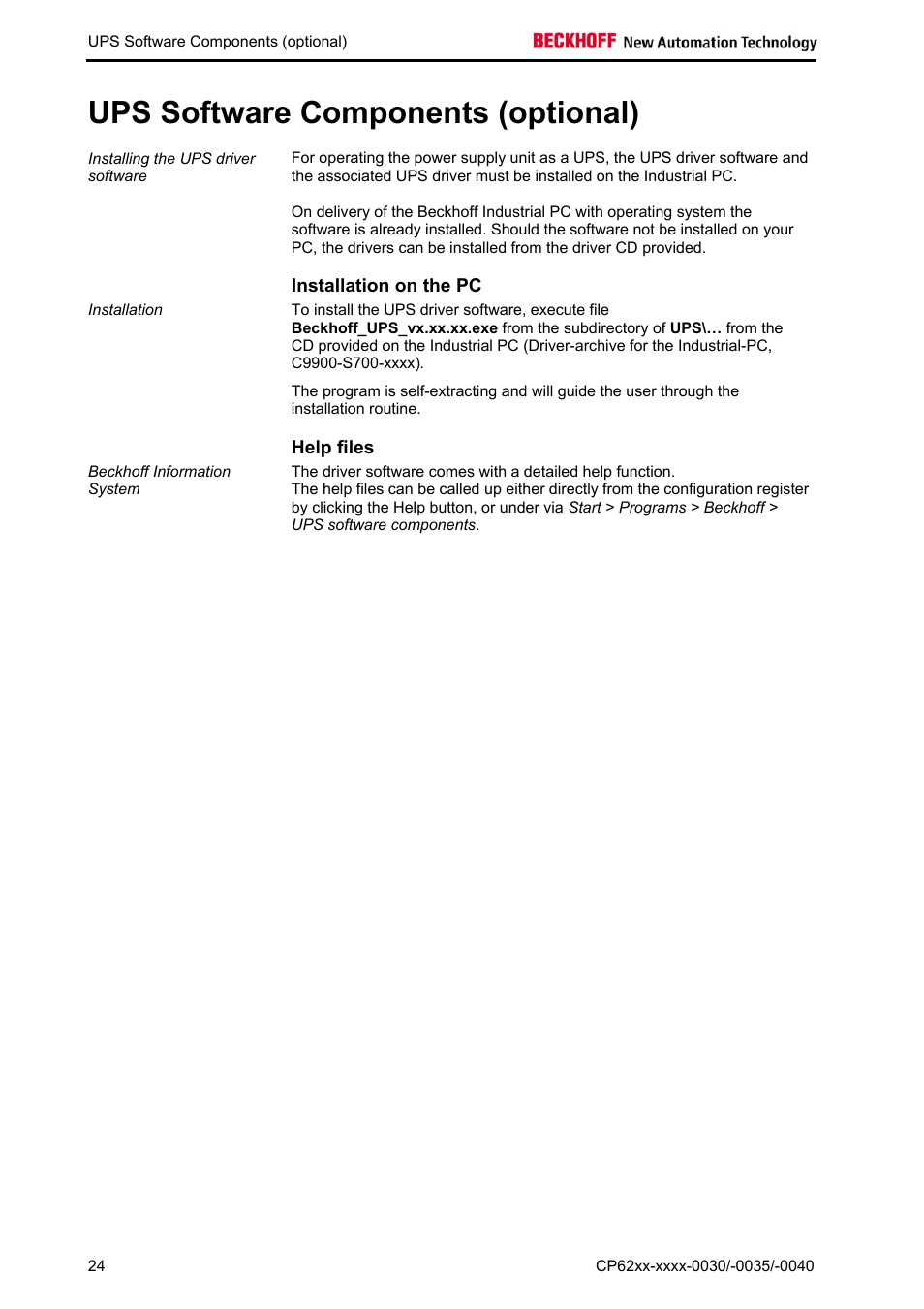 Ups software components (optional), Installation on the pc, Help files | BECKHOFF CP62xx-xxxx-0030 User Manual | Page 25 / 31