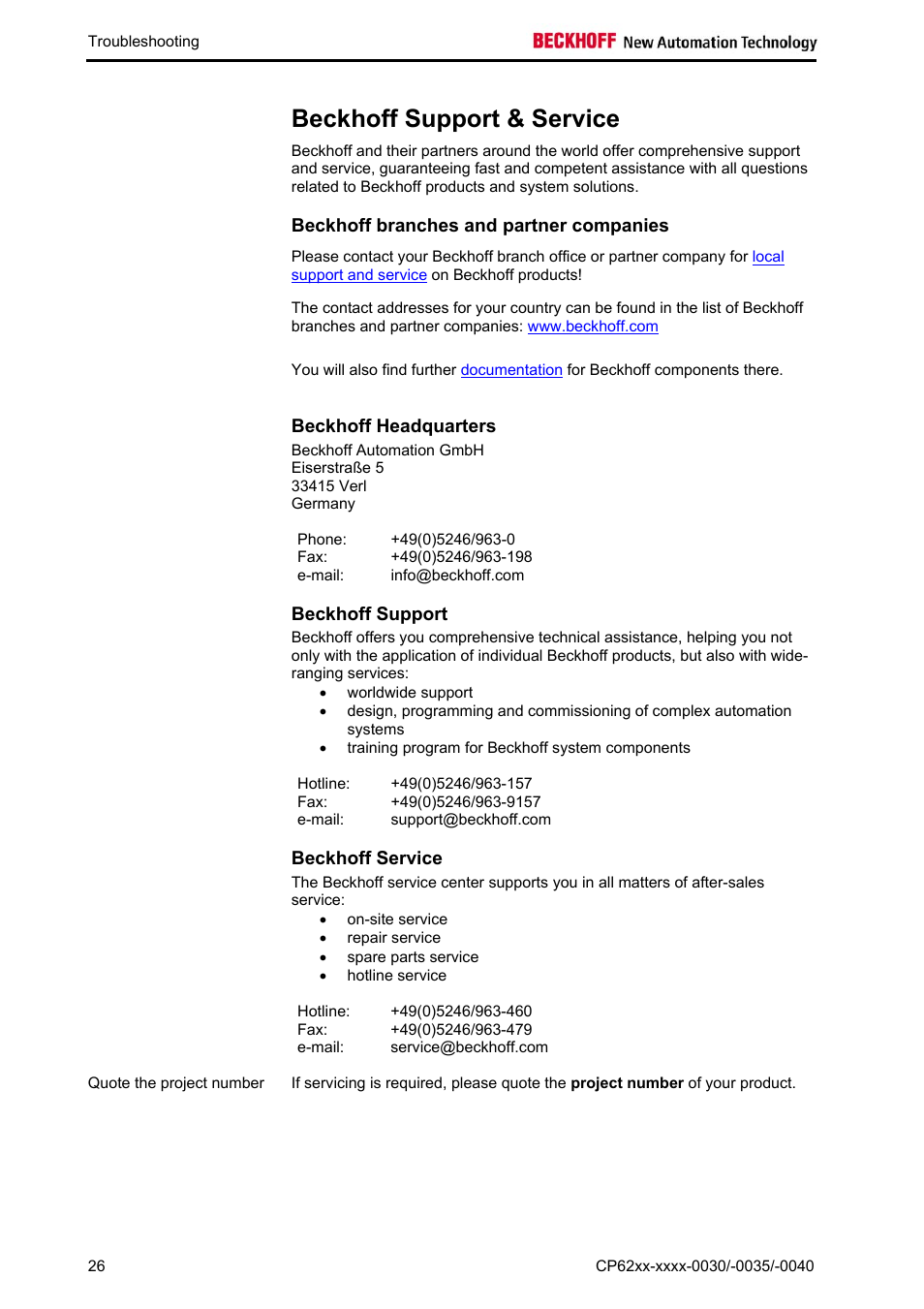 Beckhoff support & service, Beckhoff branches and partner companies, Beckhoff headquarters | Beckhoff support, Beckhoff service | BECKHOFF CP62xx-xxxx-0030 User Manual | Page 27 / 31