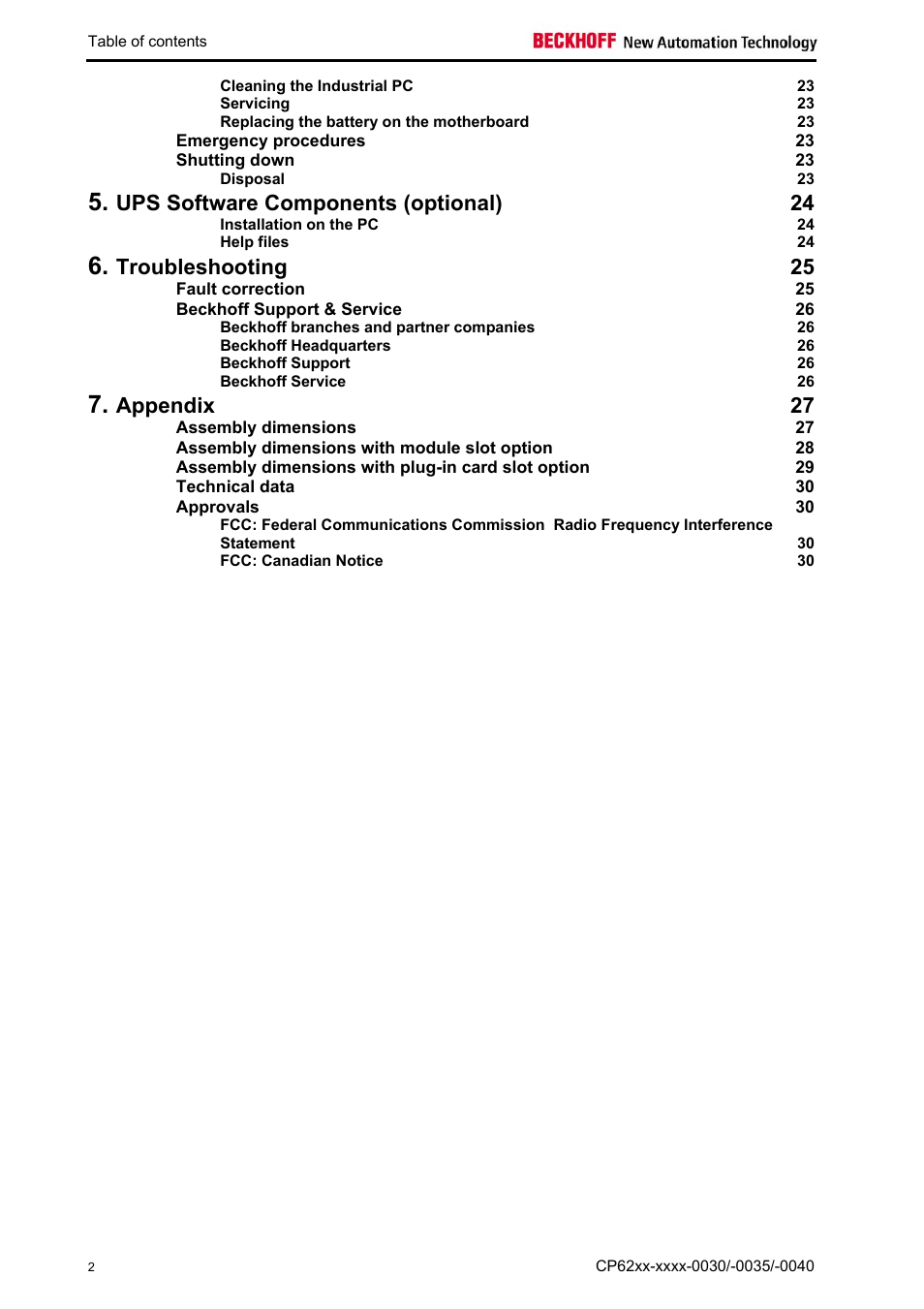 Ups software components (optional) 24, Troubleshooting 25, Appendix 27 | BECKHOFF CP62xx-xxxx-0030 User Manual | Page 3 / 31