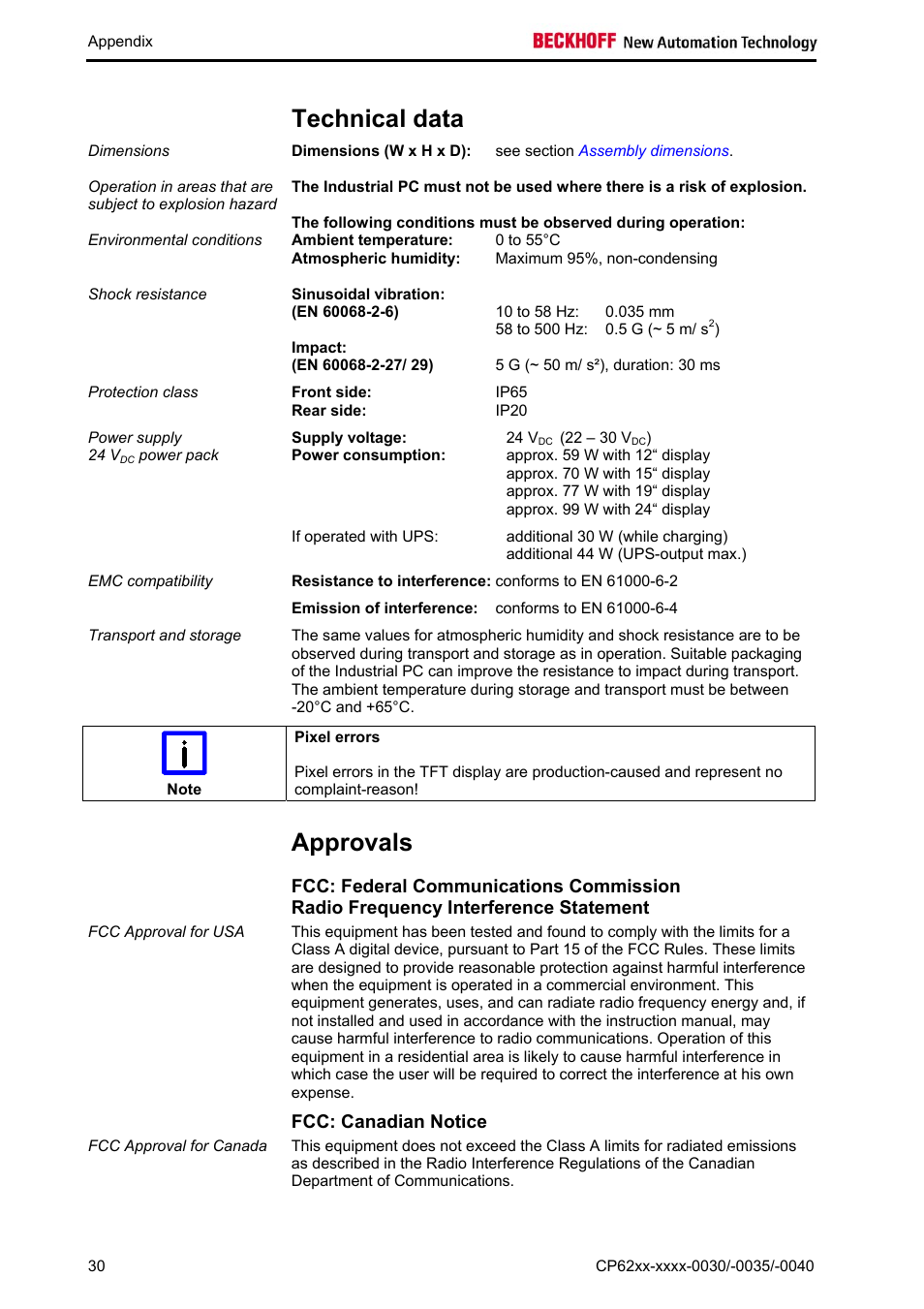 Technical data, Approvals, Fcc: canadian notice | Approvals 30, Must be observed (see chapter, Technical, Data | BECKHOFF CP62xx-xxxx-0030 User Manual | Page 31 / 31