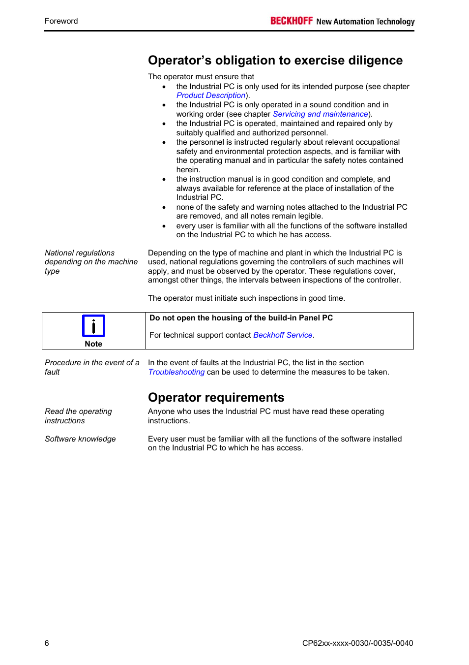 Operator’s obligation to exercise diligence, Operator requirements | BECKHOFF CP62xx-xxxx-0030 User Manual | Page 7 / 31