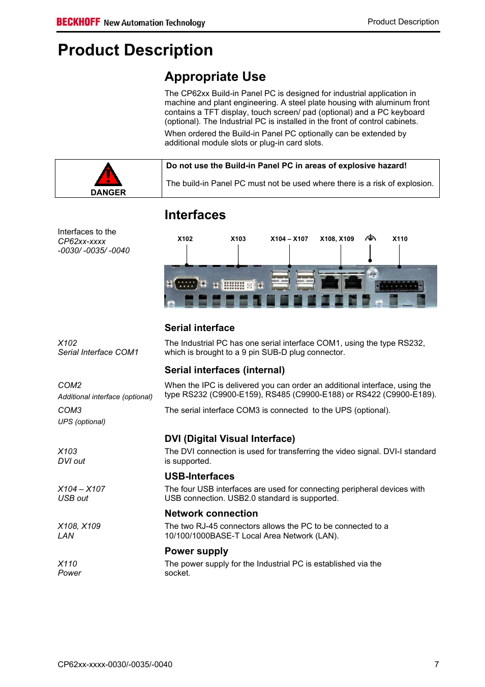 Product description, Appropriate use, Interfaces | Serial interface, Serial interfaces (internal), Dvi (digital visual interface), Usb-interfaces, Network connection, Power supply, Interfaces 7 | BECKHOFF CP62xx-xxxx-0030 User Manual | Page 8 / 31