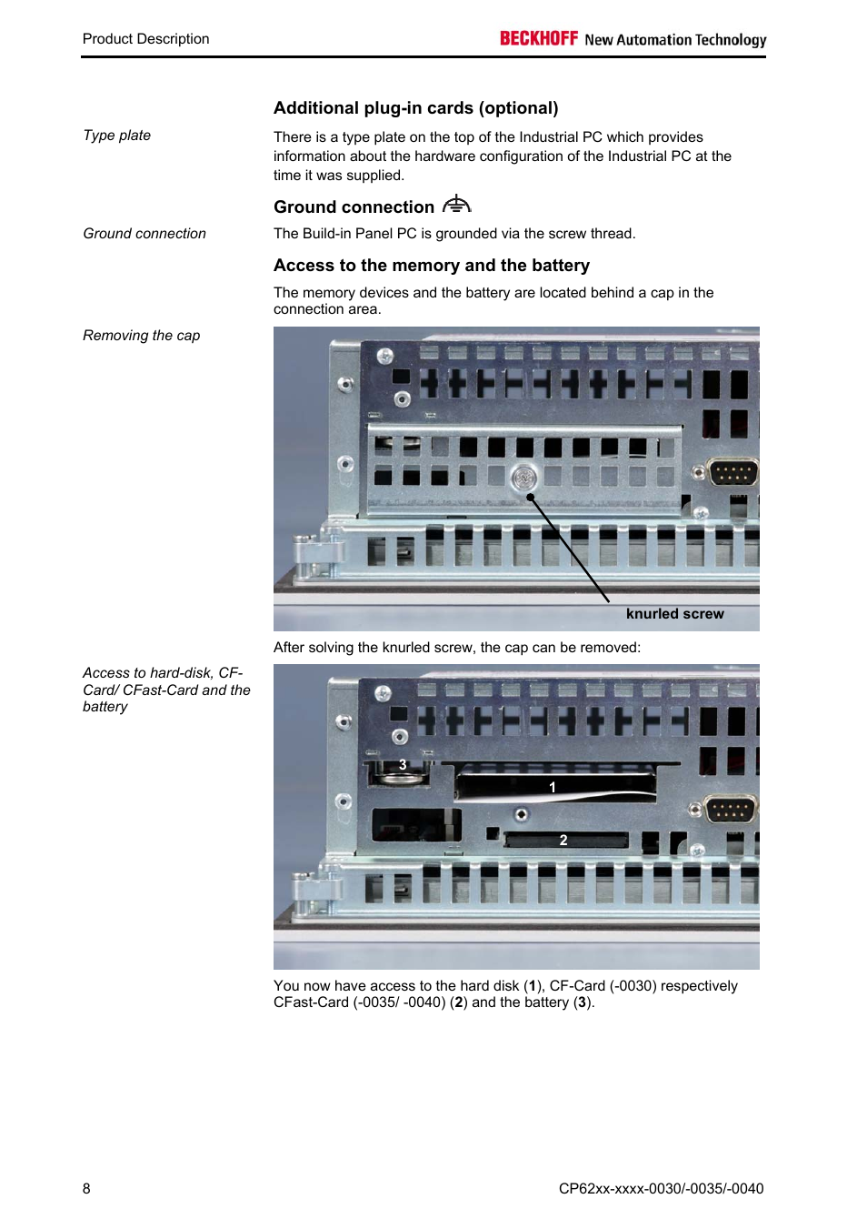 Additional plug-in cards (optional), Ground connection, Access to the memory and the battery | BECKHOFF CP62xx-xxxx-0030 User Manual | Page 9 / 31